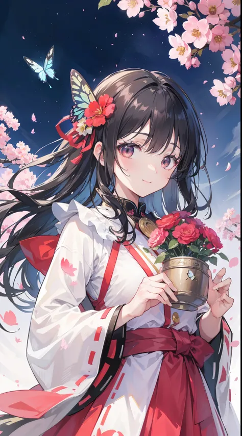 (32k), (highest quality, masterpiece),(1 girl, Miko, coat, expression face, black eye, look at the front ,black hair, walk, Upper body), (stray sky at night, huge old tree in the back, Shining pink petals fall behind, shrine in the back, mountain backgroun...