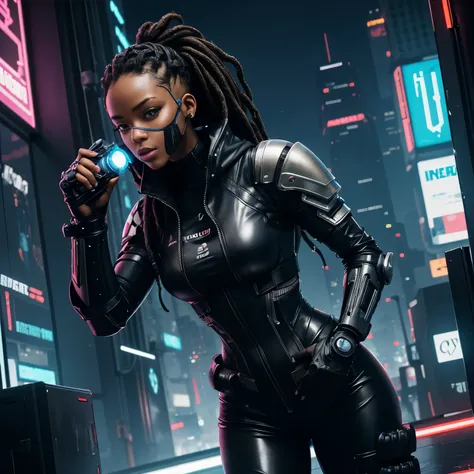 Femme noire, sweat à capuche, dreadlocks, cheveux blancs, latex, sur le toit, Android, néons, Cyberpunk city, hyper réaliste, meilleure qualité, mécha, androïde, Cyberpunk, Cyber, Science-fiction, Cyber armor, Style évangélique, Cyber arm, corps musclé, Cy...