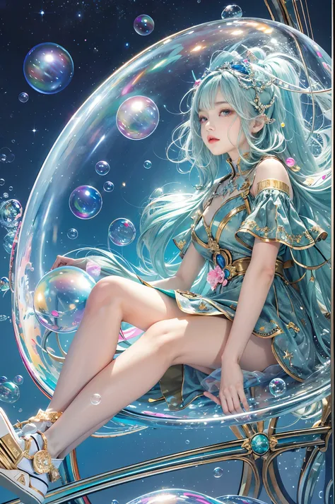 best quality,masterpiec,(((girl inside big soap bubble))),full body,on,((girl in bubble)),in the air,(((wariza in air bubble))),starry sky)),dress,(((wariza))),from afar,((girl inside bubble)),((full body inside bubble)),see-through clothes, medium hair, a...