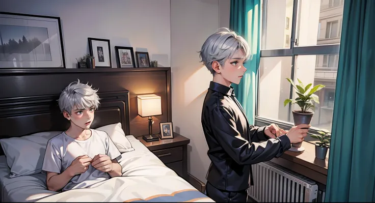 dos chicos, Silver-haired boy, they are 17 years old, they are brothers, they are talking, they are sad.