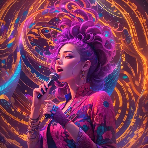 (best quality,4k,8k,highres,masterpiece:1.2),ultra-detailed,(realistic,photorealistic,photo-realistic:1.37), psychedelic music female singer, vibrant colorful stage, mesmerizing performance, swirling lights, ethereal atmosphere, dynamic poses, flowing dres...