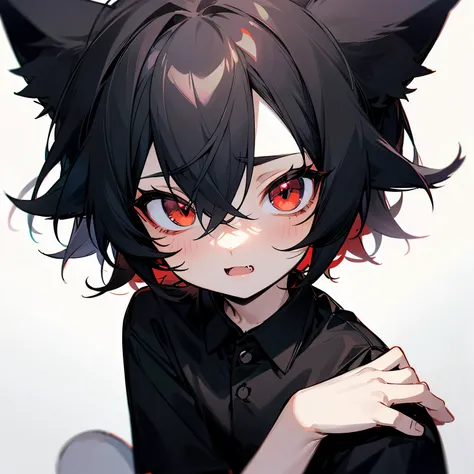 bust_portrait, catboy, cat ears, black hair, red eyes, fang, simple black shirt, pale skin, cute adorable, little boy, , shota, ...