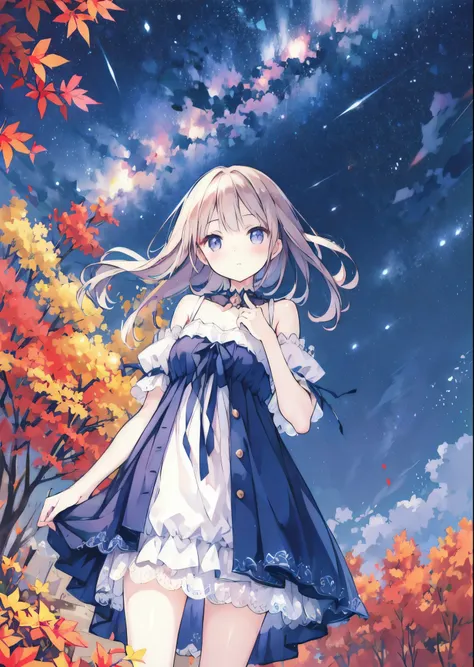 amorphous dress, soft smile, starry sky, autumn