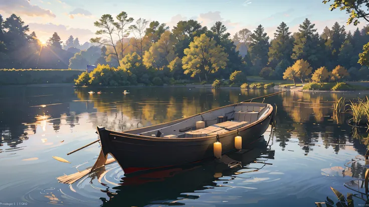 Wallpaper, summer pond, pond, boat, afternoon sun, reeds, pond background, depth of field, hot weather, HD detail, wet watermark, hyperdetail, realistic photo, 16k, surrealism, soft light, deep field focus bokeh, ray tracing, diffuse (ultra-fine glass refl...