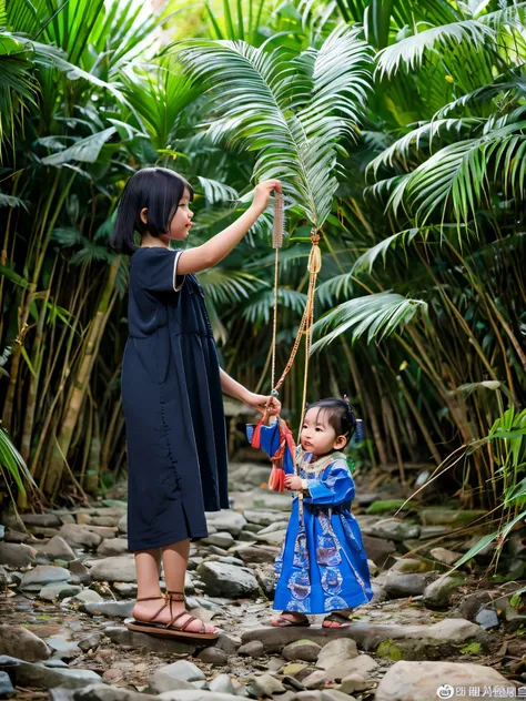 Gambarkan sebuah boneka gila yang terbuat dari anyaman rotan dengan batok kelapa di atas tubuhnya, wajah digambar dengan cat hitam, ekspresi menyeramkan, dan gerakan tubuh yang liar dan acak saat dipimpin oleh Pawang Ago Gilo dalam permainan tradisional di...