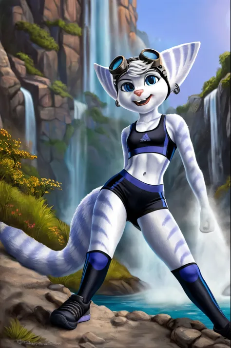 Rivet, tail, furry girl, young,adidas nylon gym shorts, adidas nylon sports bra , adidas sports shoues, giant waterfall in the background, evening sun in the background, on cliff, detailed body fur, detailed body, detailed eyes, detailed face, wet fur, ski...