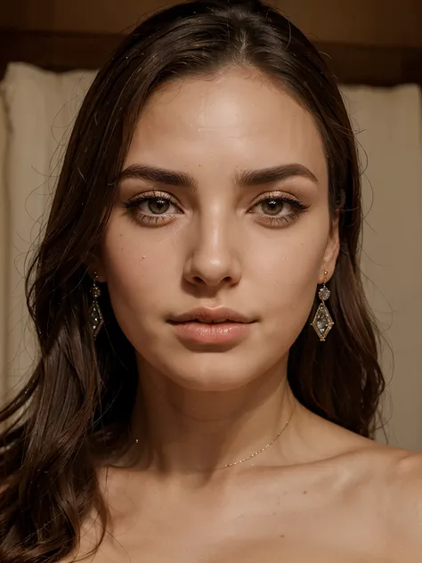 Beautiful Italian woman with protruding brown realistic eyes, realistic full lips, realistic nose, realistic long eyelashes, realistic eyebrows, realistic face, with realistic, beautiful and realistic diamond earring