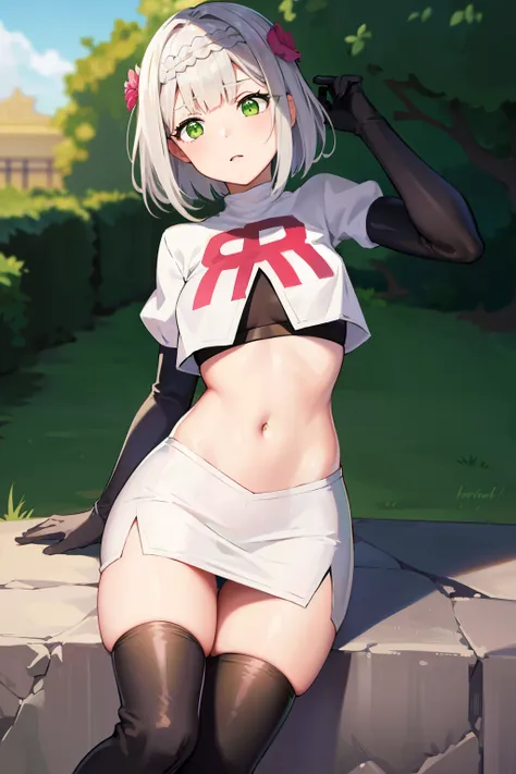 genshinnoelle, noelle, braid, flower, hair flower, hair ornament, short hair, silver hair, (green eyes:1.5),team rocket,team rocket uniform,white skirt,crop top,black thigh-high boots,black elbow gloves,