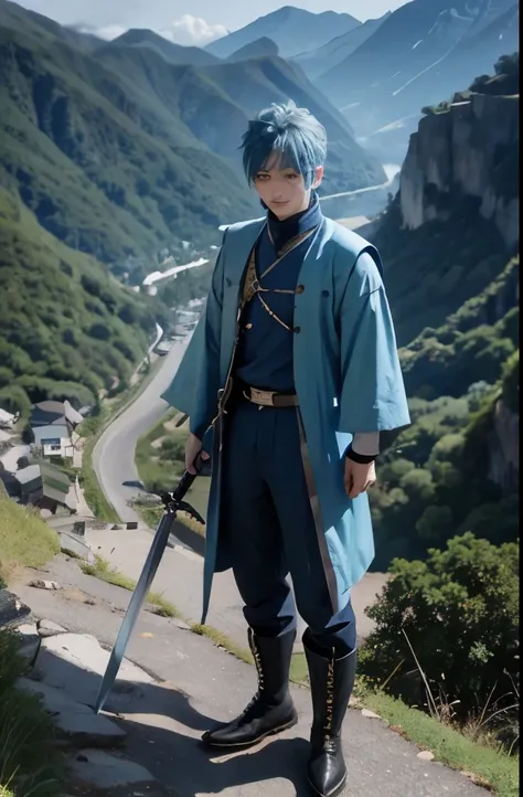 Blue-haired boy、Village deep in the mountains、spiky head、sword、Blue-green clothes、boots