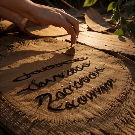 Farjana name is written in stylish font on a dried leaf of a tree, the leaf is held by hand at sunset by the sea high quality, 8k ultra hd, realistic