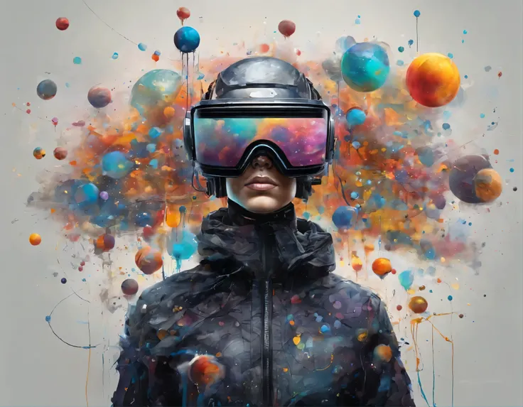 Estilo Snthwve Nvinkpunk, (Humanoide de cuerpo completo flotando en el espacio usando gafas VR ), (amazing colored soap bubbles), por jeremy mann, por sandra chevrier, por dave mckean y richard avedon y maciej kuciara,  alto detallado,  centered in the mid...