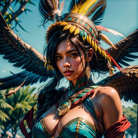 Hyperrealistic cinematic image of a native Indian with feathers on his head, Arte nativa americana, Indian warrior, Nativo americano, Guerreiro nativo americano, Arte nativa, Um guerreiro nativo americano, indigenous man, eagle feather, Guerreiro habilidos...