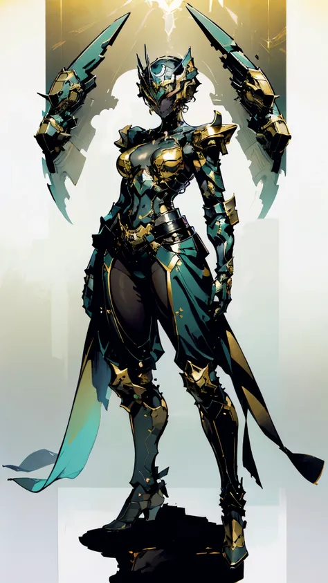 A woman adorned in fantasy-style full-body armor, a crown-concept fully enclosed helmet that unveils only her eyes, a composite layered chest plate, fully encompassing shoulder and hand guards, a lightweight waist armor, form-fitting shin guards, the overa...