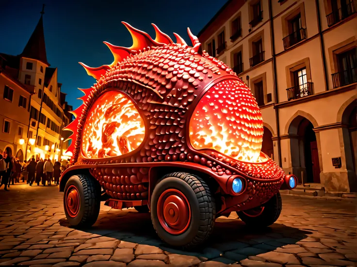 a pearly red bubble tank-car, in a medieval-city, erupting-fire, dragon-scales, nighttime, aggressive,  highly detailed, attack ...