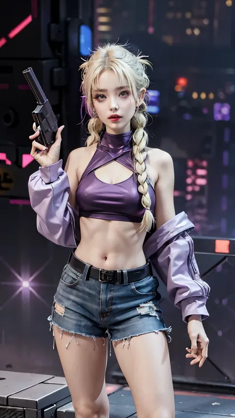 a close up of a woman holding a gun and wearing a purple top, cyberpunk style outfit, cyberpunk outfit, full body!! maximalist details, moco, free fire, two hair braid, blonde