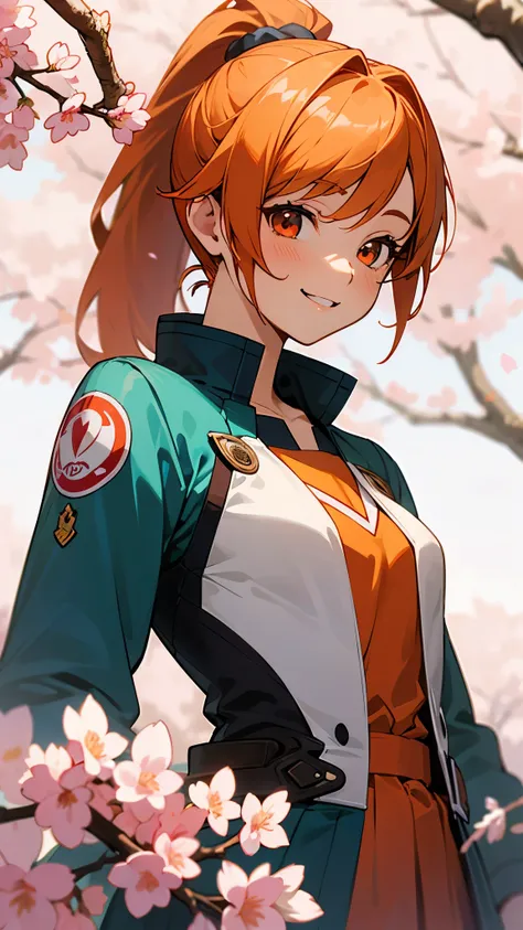 (highest quality、Extra fine、real)、Genki Girl、anime high school girl、small breasts、riders jacket、orange hair、ponytail、red round eyes、From the side、gloves、bright smile、stand in front of a cherry tree、upper body close-up、cherry blossom park、sharp outline