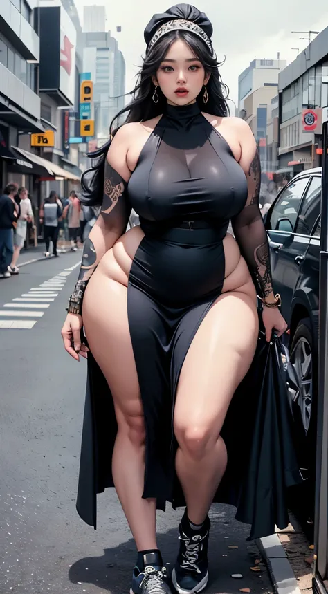 ((best quality)), ((masterpiece)), (detailed), perfect face, araffe woman in a dark-blue dress walking down a street, thicc, she has a jiggly fat round belly, bbwchan, wearing dress, skinny waist and thick hips, widest hips, her belly is fat and round, sof...