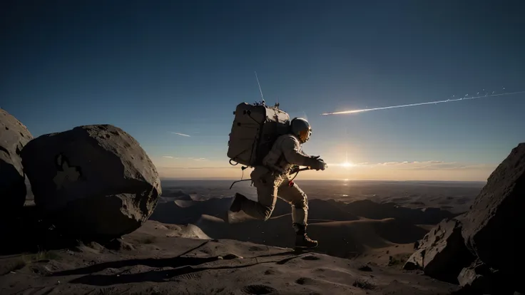 side view of the man landing on the moon and encountering a big rock, zoom in, photo realistic, Realism, HDR