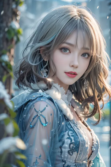 (photorealistic:1.8, highest quality:1.8,8K masterpiece:1.8,High resolution,muste piece:1.8),snow mountainに立つ1人の23歳の女性,fantasy,(sexy mini dress、Transparent Shawl、Elegant earrings、choker), beautiful detailed blue eyes:1.7,double eyelid:1.6,beautiful skin:1....