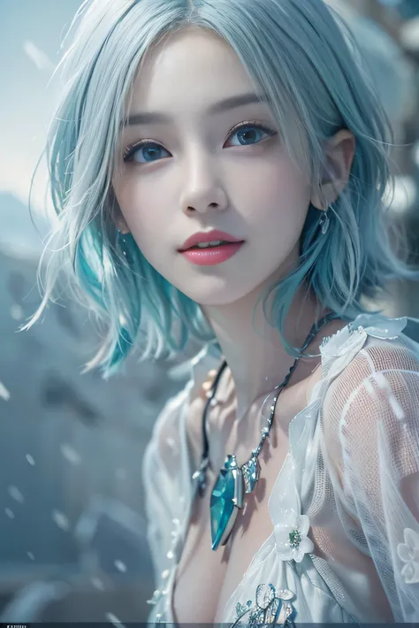 (photorealistic:1.8, highest quality:1.8,8K masterpiece:1.8,High resolution,muste piece:1.8),snow mountainに立つ1人の23歳の女性,fantasy,(sexy mini dress、Transparent Shawl、Elegant earrings、choker), beautiful detailed blue eyes:1.7,double eyelid:1.6,beautiful skin:1....