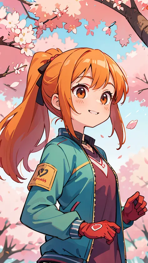 (highest quality、Extra fine、real)、Genki Girl、anime high school girl、small breasts、riders jacket、orange hair、ponytail、red round eyes、From the side、gloves、bright smile、stand in front of a cherry tree、upper body close-up、cherry blossom park、sharp outline