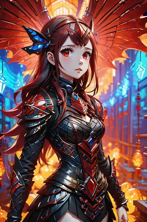 anime girl, yoshizawa from persona 5, in the hevy armor with red decorations, 4k ultra hight quality, best quality