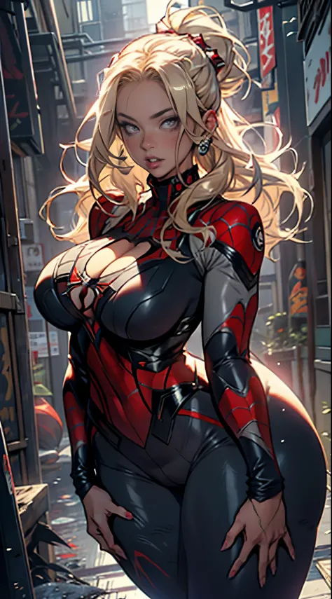 Tsunade Senju, 1 girl, wearing spider man costume, long blond hair, puffy lips, painted lips, thick lips, wide hips, thick thighs, huge ass, craving lust face , enormous huge natural breasts, cleavage, mature mom, sexy pose.