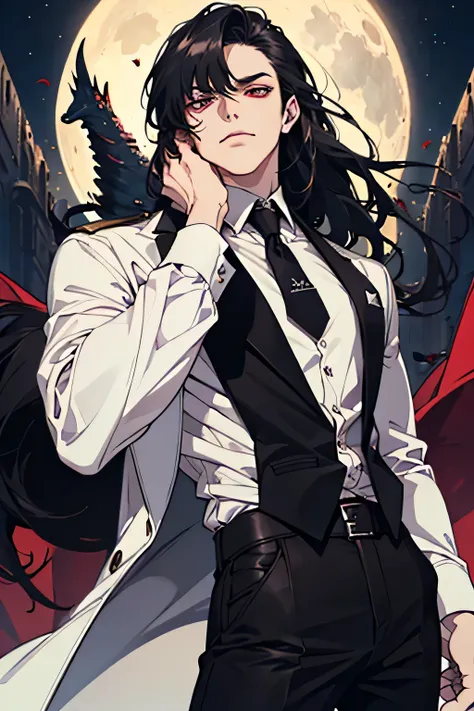 (absurd, mackerel, ultra detail), 1 person, 30-year-old male, adult male, amazing, tall,, Detailed eyes and detailed face, leather pants, (((white shirt))), night, laugh, dutch angle, ((long hair, black hair)), moon, Gold details, earring, Gothic, vampire,...