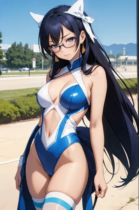 Masterpiece, best quality,NSFW,Solo, cowboy shot,Sonoda umi,(white and blue leotard), magical girl glasses, earrings, thighhighs breasts,outdoors,day, fighting stance,golden eyes, (blushing:1.2)