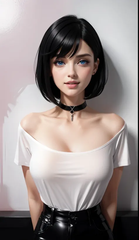 Sexy and cute woman, short black hair, bob style, plump face, seductive blue eyes, medium nose, deep pink blush, glossy red lips smiling, long neck, visible collarbone, white t shirt with black graphics tucked into shiny black pants, pinned against a woode...