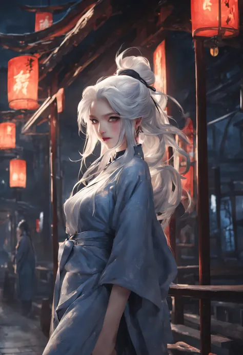 she is the devil; She looks like a human walking through a city park at night.; She has a very beautiful face with white hair and blue eyes; She is alluring in a slightly revealing outfit.,Chinatsumura,masterpiece