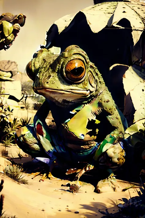 surrealismai, surreal mutated frog, anthropomorphic_frog, frog, tanktop, colored_skin, desert, desert background