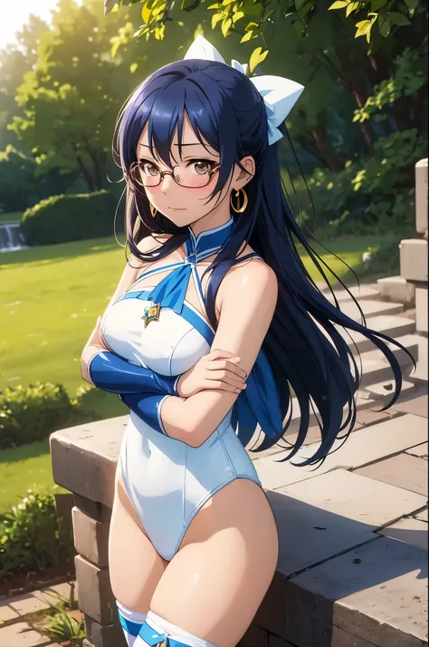 Masterpiece, best quality,NSFW,Solo, cowboy shot,Sonoda umi,(white and blue leotard), magical girl glasses, earrings, thighhighs breasts,outdoors,day, crossed arms,golden eyes, embarrassed,(blushing:1.2), night 