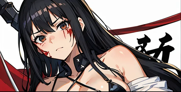 a simple banner with a black-haired anime girl with a sexy black bikini written on it "Matriarch". white background, With blood on his face