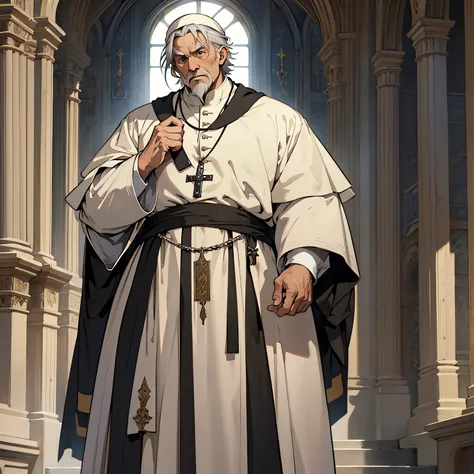 anime, masterpiece, best quality, by professional artist, 1man, male, solo, full body, detailed composition, detailed eyes, detailed hair, the pope, old man, wrinkles, gray hair, religious, medieval fantasy art, standing up straight