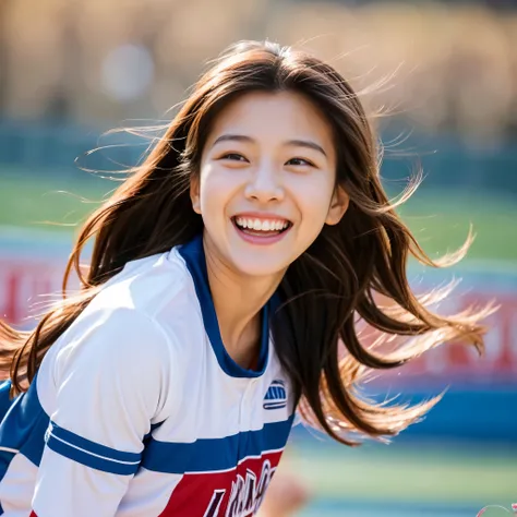 1 woman,20-year-old,beautiful woman,masterpiece,highest quality,super detailed,born,(Like Korean Idols:1),（small face:1.4）,athlete,laughter,Wind,Slow motion,blur the background