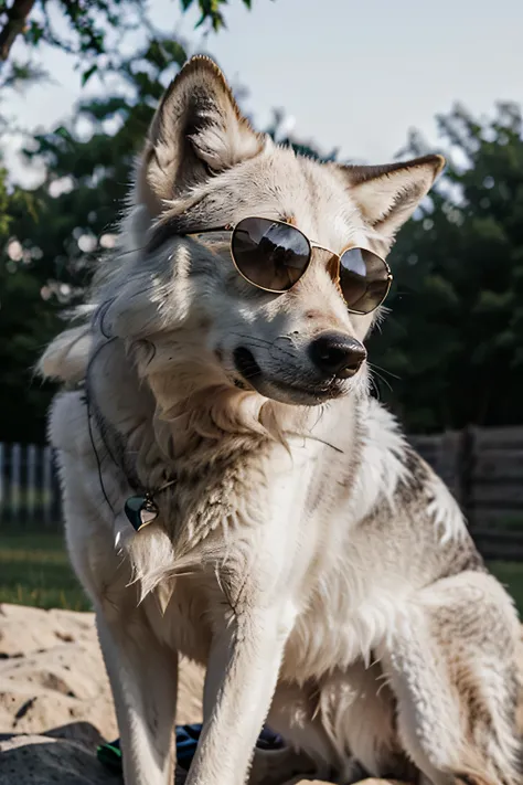 whitish gray wolf with dark background, sitting with sunglasses on his face