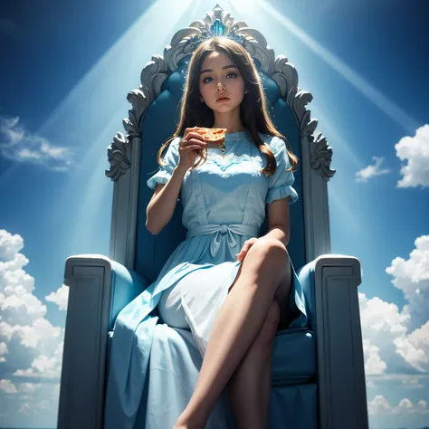 God, sitting on a throne with a piece of pizza in his hand. Long light blue and white dress. behind clouds and rays of light., UHD