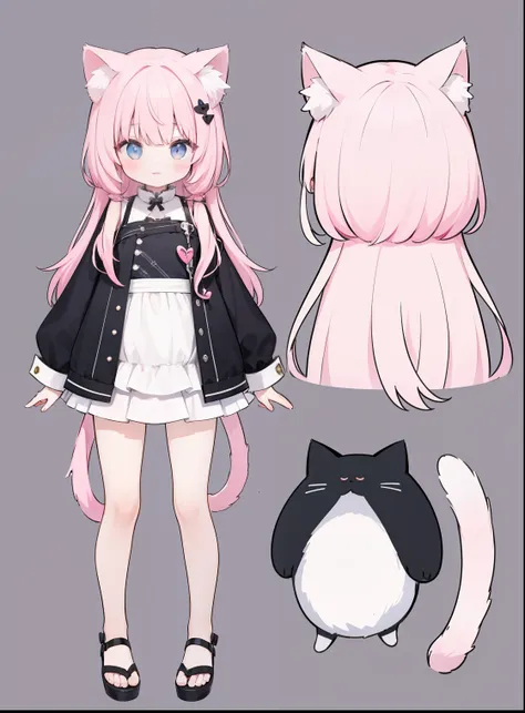 1 girl, Cat ears, cat tail ，positive face，Full body photo of the character，stand，pink hair，simple background，different outfits，（Positive face）（layered）（Split）（separate parts）（装饰Split）（头发Split）（Split参考图）