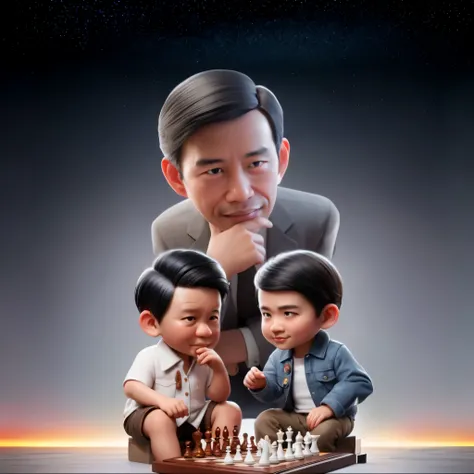 there are two men and a  playing chess together, inspired by Ding Guanpeng, tithi luadthong, promotional render, inspired by Ding Yunpeng, yanjun chengt, chessboard scientist, inspired by president jokowi, !!playing chess!!, movie promotional image, chess,...