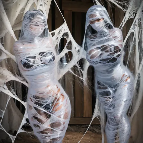 a girl entangled in the spider web, struggle, detailed classroom, (cocoon:1.3), spider web, hanging, spider in the web, spider