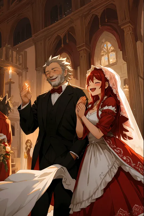 cover_page, Fairy Tail wedding scene, Little Red Riding Hood Wedding with the Wolf, Beautifully dressed old lady in the background, Uncle of a hunter in a stylish suit, Clapping hands in joy and celebrating, Romantic and dreamy atmosphere, Ceremony in a la...