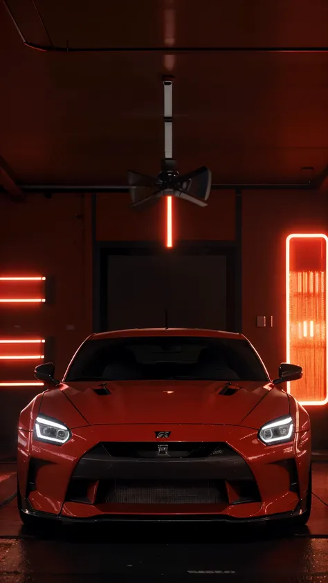 a close up of a car with red lights in a room, nissan gtr r 3 4, red and cinematic lighting, neon lit, wide body, red tail lights, sports car in the room, red neon, glowing red, anime style 4 k, cinematic rim lighting, soft rim light, akira vibes, nice lig...