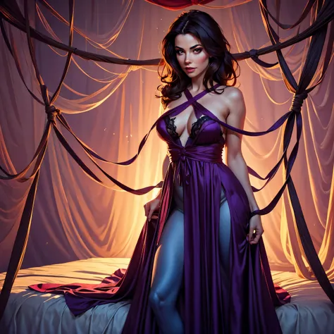 one girl tied up by another one with rope,(bright lighting,romantic setting),dreamy background,bondage,dark hair, mesmerizing gaze, , soft skin, alluring beauty, artistic portrait, high-quality image, vibrant colors, long silk gown, in the bed, mosquito ne...