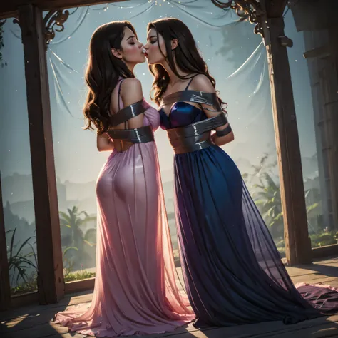 two girl kissing, see her ass,(bright lighting,romantic setting),dreamy background,bondage,dark hair, mesmerizing gaze, , soft skin, alluring beauty, artistic portrait, high-quality image, vibrant colors,translucent long silk gown, mosquito net,