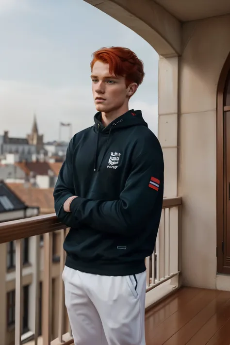 England, 2024. A young ((((21-year-old)) Merthin Fitzgerald)), handsome, athletic, in a balcony, ((sad expression)). ((((clothings from the 2020s)))), ((redhead hairstyle of the 2020s)) 