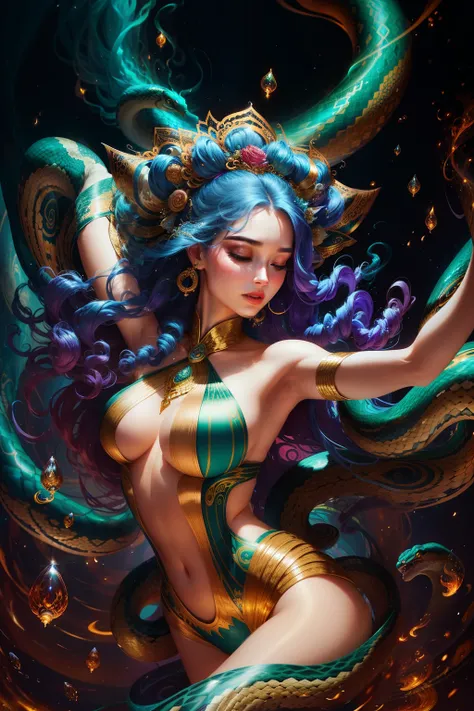 A breathtaking image of a young woman embodies the essence of mystique and charm. Her hair, a cascade of writhing snakes, transforms in hypnotic patterns as she dances with unbridled joy. Clad in majestic attire, every inch of her regal garments flows harm...