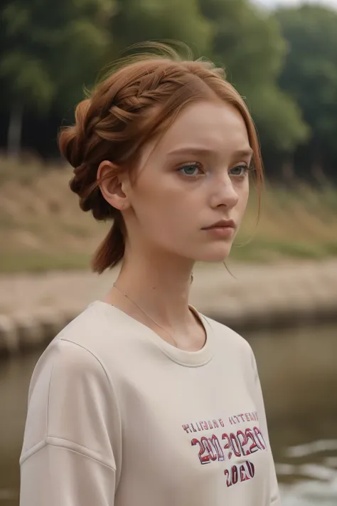 England, 2024. A young ((((20-year-old)) Caris Wooler)), attractive, expressive eyes, staring at a disaster in ((horror)), accident, tragedy, standing by the river, ((shock, alarmed expression)). ((((clothings from the 2020s)))), ((light chestnut hairstyle...