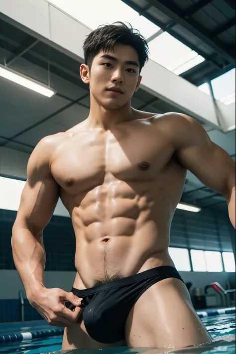 1 young handsome Japanese guy，smirking , standing, White skin，slim fit boy, Abs, chest muscle，musculous,  hairy bodies, tight black swimming thong，Pool, indoor stadium,shot from below anal POV,(From below:1.1)