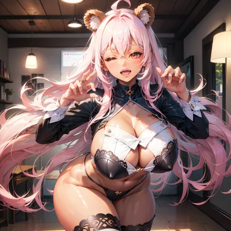 ((((1girl)))), pink hair, ahoge, (curly hair), ((very long hair)), ((half-closed eyes)), bear ears, (((fang))), ((((((dark skin)))))), ((huge breasts)), ((brown eyes)), (thick thighs), ((thick lips)), ((wide hips)), (thighhighs), ((lace)), ((long eyelashes...